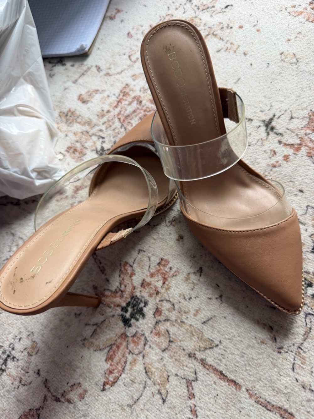 BCBGeneration Tan Pointed Toe Heels with Clear Vinyl Straps - Picture 5 of 5